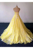 Promfast Yellow Lace Sweetheart Long Graduation Dress, A Line Prom Dress For Teens PFP1904