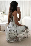 A-Line V-Neck Printed Tea Length Prom Dress with Pleats PFP1367