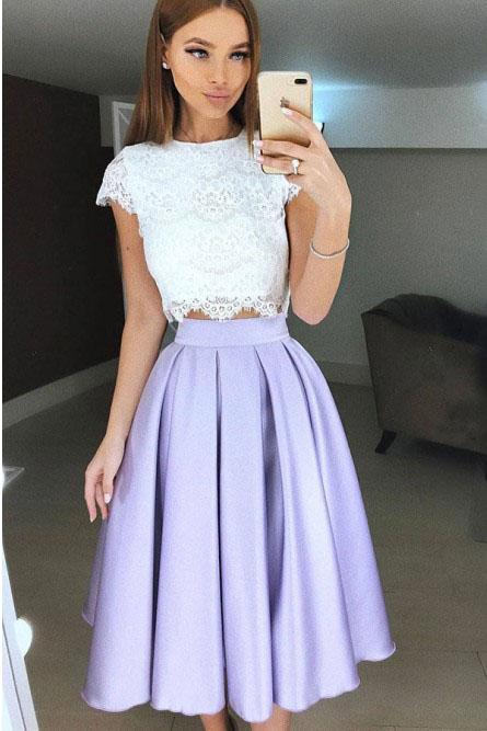 Two Piece Tea-Length Lavender Prom Homecoming Dress with Lace Pleats PFP1369