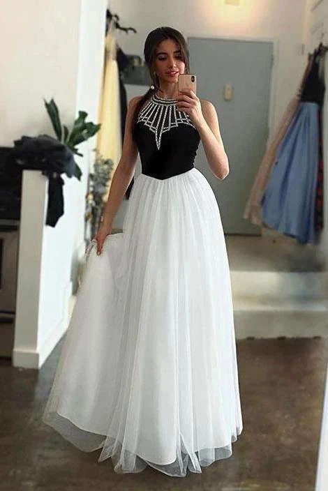 Promfast White Tulle Long Prom Dress With Black Top A Line Sleeveless Long Party Dress with Beading PFP1905