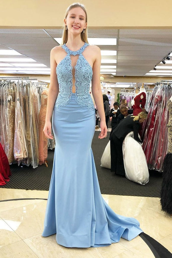 Mermaid Sky Blue Prom Dresses With Lace, Long Formal Evening Dress