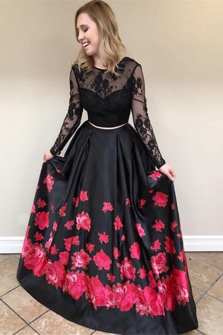 Two Piece Crew Long Sleeves Black Floral Printed Prom Dress with Lace PFP1373