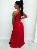 A-Line Spaghetti Straps Red Chiffon Prom Dresses with Lace Split PFP1374