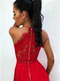 A-Line Spaghetti Straps Red Chiffon Prom Dresses with Lace Split PFP1374