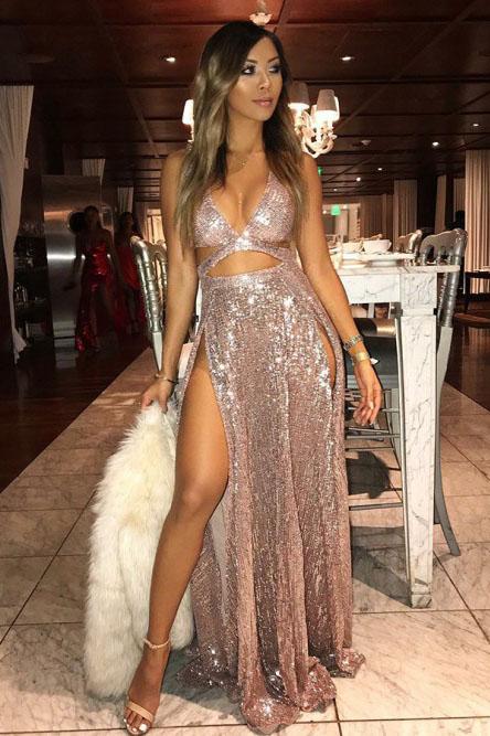 Sexy Sequins Long Prom Dresses With Slit, Cheap Party Dress PFP1375