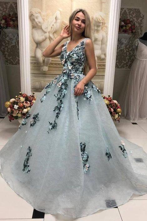 A Line V Neck Long Prom Gown With Appliques, Formal Evening Dress PFP1376