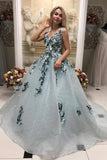 A Line V Neck Long Prom Gown With Appliques, Formal Evening Dress PFP1376