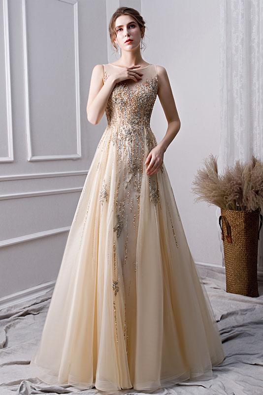 A Line Long Prom Dresses With Beading Formal Evening Gown PFP1377