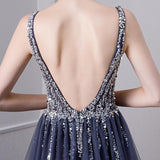 A Line V Neck Tulle Navy Blue Long Prom Dresses With Beading PFP1378