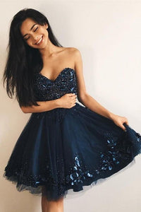 Cheap A-Line Sweetheart Navy Blue Tulle Short Homecoming Dress with Beading