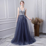 A Line V Neck Tulle Navy Blue Long Prom Dresses With Beading PFP1378