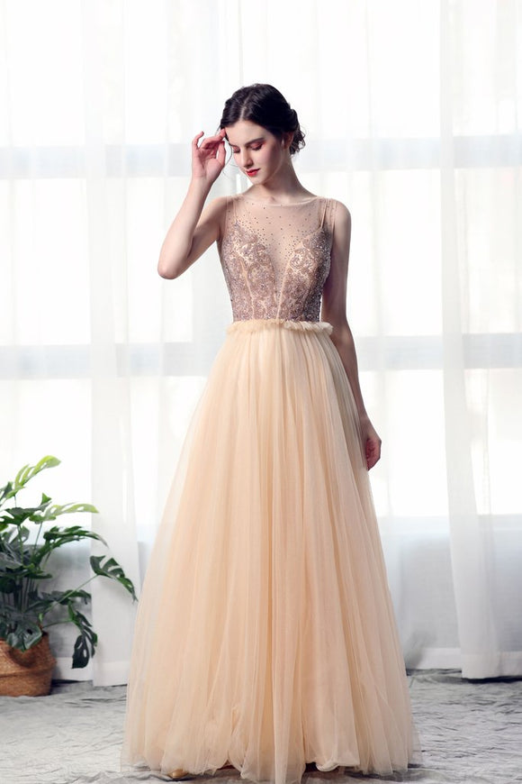 A Line Bateau Tulle Long Prom Dresses With Beads PFP1380