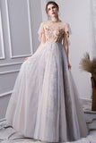 Gray A Line High Neck Short Sleeves Prom Dresses With Beads PFP1381