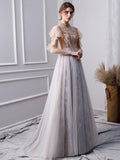 Gray A Line High Neck Short Sleeves Prom Dresses With Beads PFP1381
