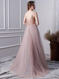 Pink A Line Spaghetti Straps Tulle Beaded Prom Dresses With Appliques PFP1382