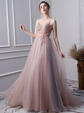 Pink A Line Spaghetti Straps Tulle Beaded Prom Dresses With Appliques PFP1382