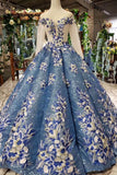 Scoop Long Sleeves Lace Up Back Blue Appliques Prom Dresses PFP1384
