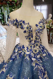 Scoop Long Sleeves Lace Up Back Blue Appliques Prom Dresses PFP1384