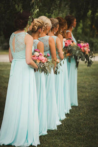 New Arrival A-Line V-Neck Floor-Length Mint Open Back Chiffon Bridesmaid Dress with Lace PFB0024