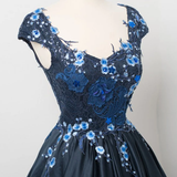 Promfast Elegant Dark Navy Cap Sleeves A Line Long Prom Gown with Appliques PFP1907