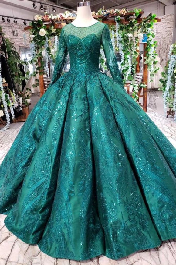 Scoop Long Sleeves Lace Up Back Green Prom Dresses PFP1386
