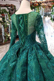 Scoop Long Sleeves Lace Up Back Green Prom Dresses PFP1386
