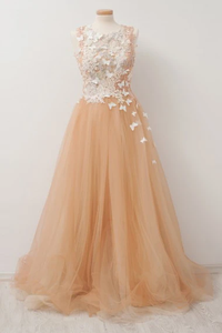 Promfast A-Line Round Neck Tulle Long Prom Dress with Lace Appliques PFP1908