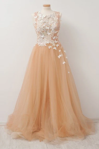 Promfast A-Line Round Neck Tulle Long Prom Dress with Lace Appliques PFP1908