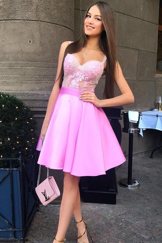 A-Line Spaghetti Straps Pink Satin Homecoming Dress with Appliques,Cheap Short Prom Dress 