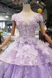 Lilac Short Sleeves Lace Up Back Appliques Tulle Princess Prom Dresses PFP1387