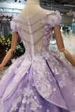 Lilac Short Sleeves Lace Up Back Appliques Tulle Princess Prom Dresses PFP1387