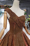 Brown One Shoulder Lace Up Back Sequins Beads Prom Dresses PFP1388