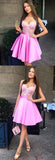 A-Line Spaghetti Straps Pink Satin Homecoming Dress with Appliques,Cheap Short Prom Dress PFH0122