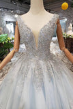 New Arrival Wedding Dresses V Neck Lace Up Back Beads Prom Dress Tulle PFP1390