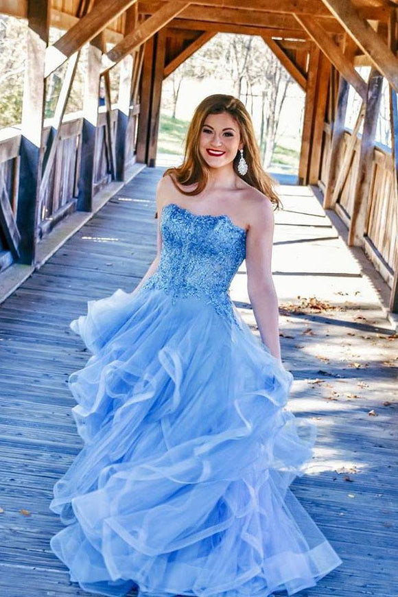Charming Strapless Blue Ruffles Long Prom Dress with Appliques PFP1391