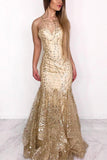 Sexy Mermaid Illusion Neck Ruffles Gold Long Prom Dress PFP1392