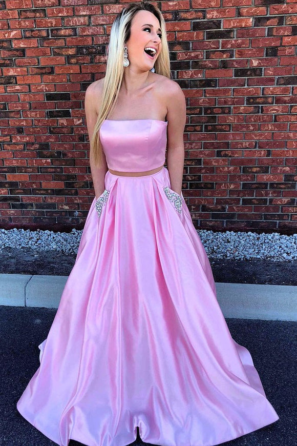 Strapless Two Piece Pink Long Beaded Prom Dress with Pockets PFP1395