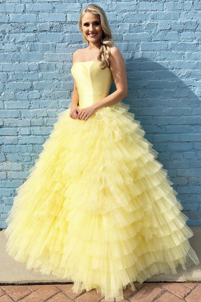 Princess Strapless Tiered Floor Length Yellow Ball Gown Prom Dress PFP ...