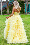 Princess Strapless Tiered Floor Length Yellow Ball Gown Prom Dress PFP1397