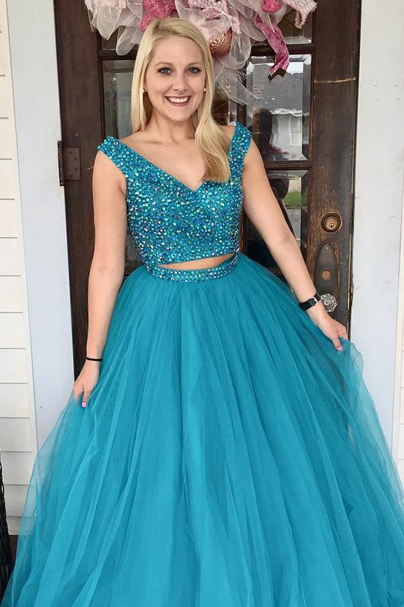 Two Piece Turquoise Beaded A Line Tulle Prom Dress PFP1398