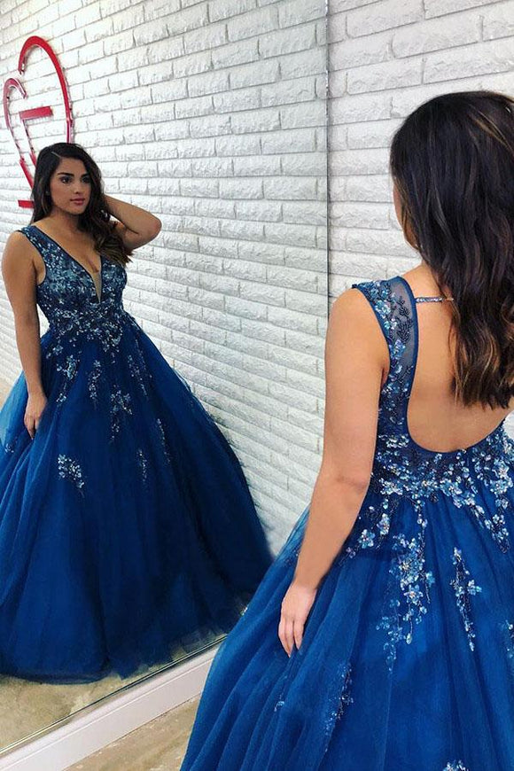 Ball Gown Royal Blue Beaded Long Plus Size Prom Gown with Open Back PFP1399