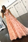 Princess A Line Floral Pink Cap Sleeves Long Prom Dress PFP1402