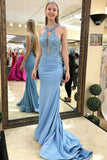 Mermaid Sky Blue Prom Dresses With Lace, Long Formal Evening Dress PFP0460