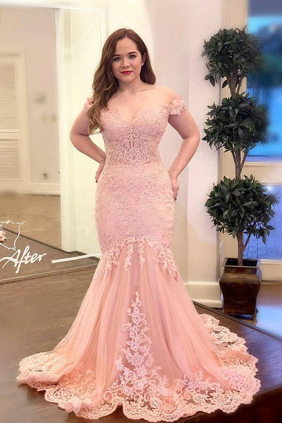 Off the Shoulder Pink Appliques Mermaid Long Plus Size Prom Dress PFP1404