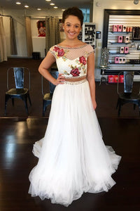 Gorgeous Two Piece Off White Cap Sleeves Long Prom Dress with Floral PFP1405