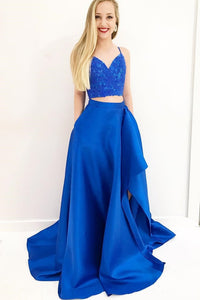 Gorgeous Two Piece Royal Blue Long Prom Dress with Pockets Side Slit PFP1406