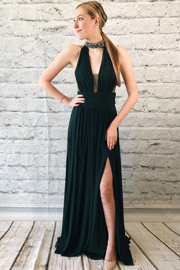 Elegant Dark Green Chiffon Split Long Prom Dress With Beads PFP1409