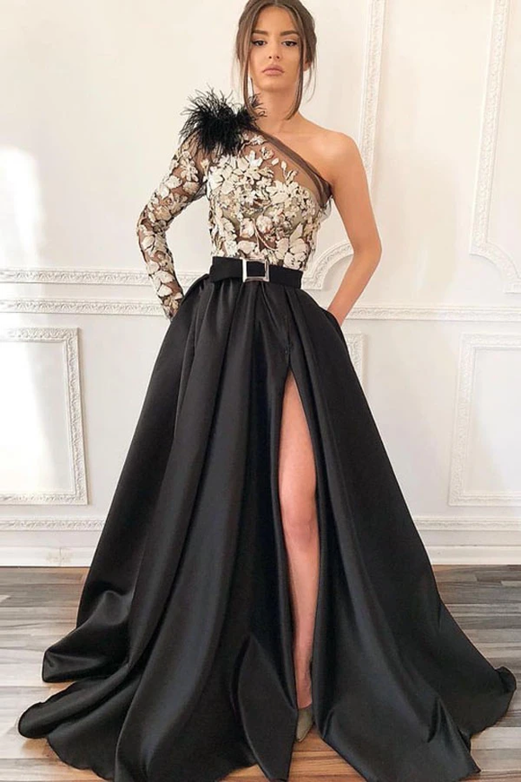 Promfast One-Shoulder Black Long Appliqued Split Prom Dress With Pockets Feathers PFP1910
