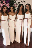 Simple Spaghetti Straps Floor-Length Split Off White Bridesmaid Dress with Sash PFB0028