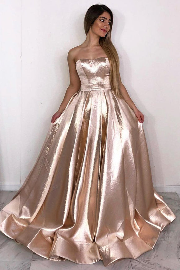 Strapless Rose Gold A Line Long Simple Prom Dress PFP1413